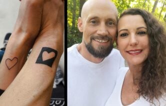 Auf der linken Bildhälfte ist sind die Arme des Paares und ihre zueinanderpassenden Parship-Tattoos zu sehen, auf der rechten Bildhälfte lächeln ein Mann und eine Frau in die Kamera.